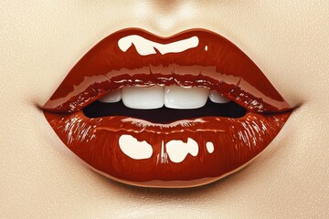 Obraz premium A close-up shot of luscious red lips with a glossy finish, showcasing beauty and cosmetic appeal, with a focus on makeup and facial aesthetics.