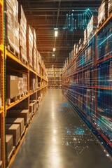 Fototapeta premium A modern warehouse filled with neatly stacked boxes, showcasing advanced technology and organization for efficient inventory management