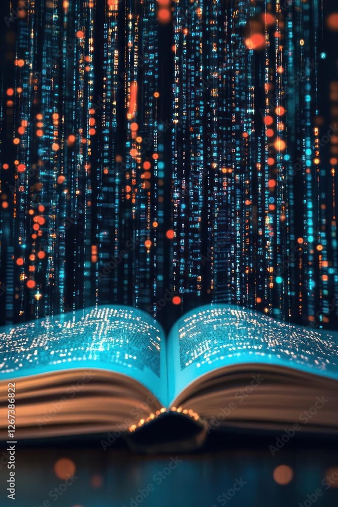 Poster an open book with glowing text and digital data streams in the background, symbolizing knowledge and