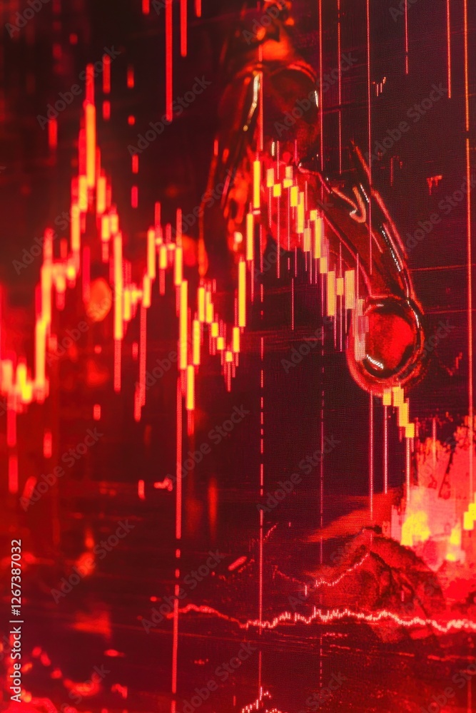 Poster abstract representation of fluctuating stock market trends with red tones, featuring dynamic graphs 