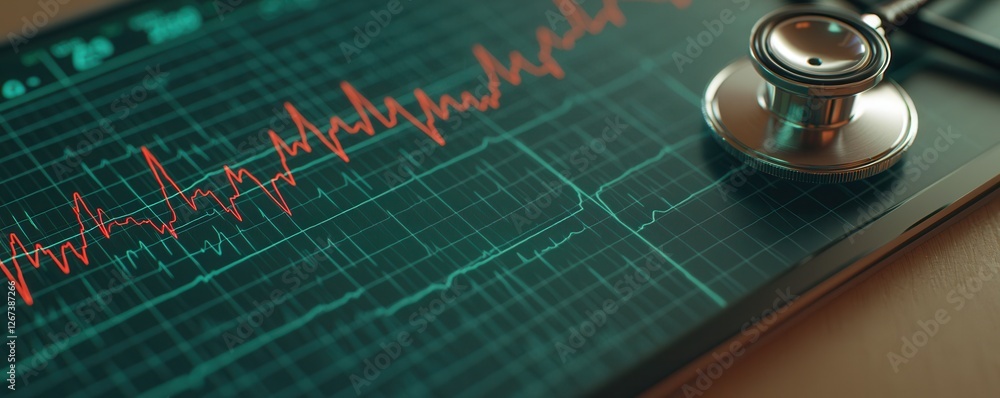 Leinwandbilder A stethoscope rests on a heart rate monitor displaying an electrocardiogram with fluctuating lines, indicating heart activity.
