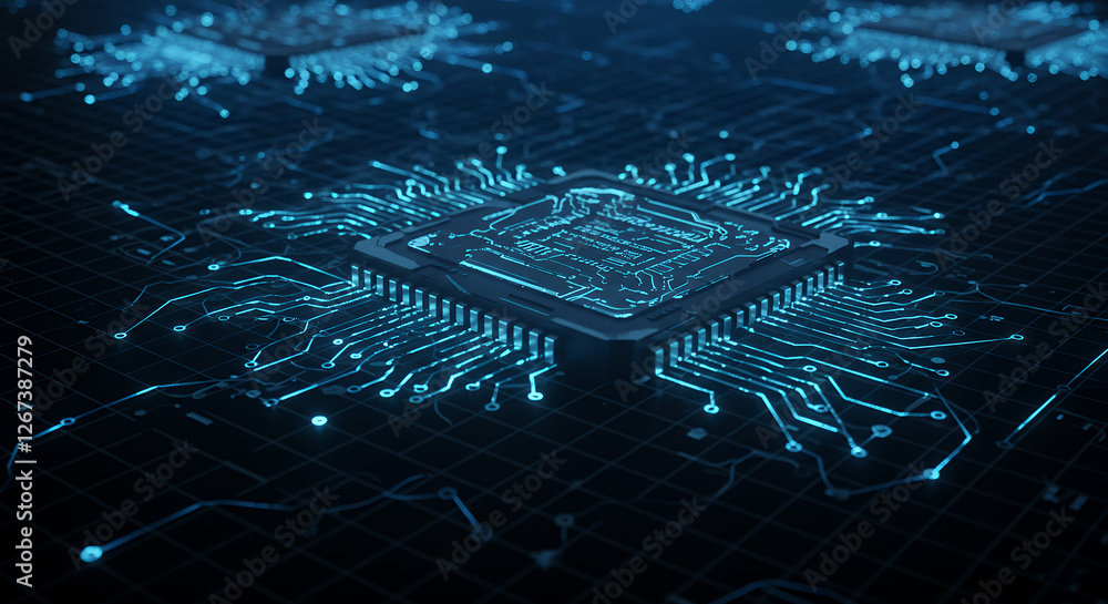 Poster glowing circuit board: high-tech microchip & data flow | ai, technology, computing, & innovation vis
