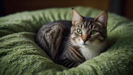 Relaxed Tabby Enjoying Plush Bed: Peaceful Kitty Moment