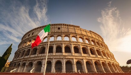 The Italian flag fluttering in front of the Colosseum at golden hour.