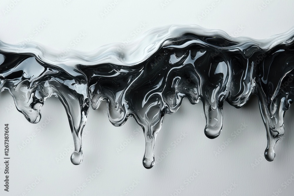 Poster a mesmerizing view of black and clear liquid, cascading down a white surface, showcasing fluidity an