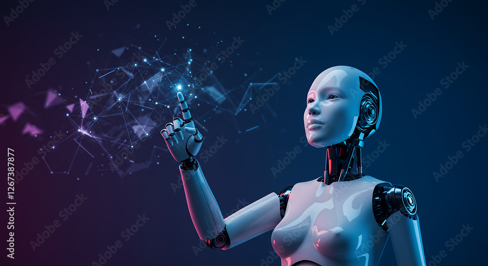 Poster futuristic ai: robot interacting with digital network - artificial intelligence, technology, and the