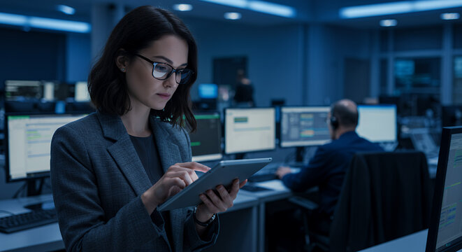 Data Analytics Pro: Woman with Tablet in IT Command Center, Network Security & Tech Insights, Modern Workspace, Cybersecurity, Future Technology
