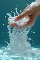 Fototapeta premium Papercut effect of a hand turning off a faucet, promoting water conservation with copy space