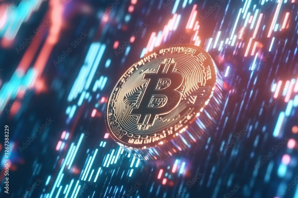 Poster a dynamic and detailed image of a bitcoin coin against a backdrop of fluctuating cryptocurrency mark