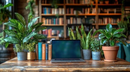 Laptop surrounded by plants on a wooden table in a cozy library-like cafe setting.