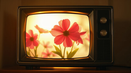 Retro TV broadcast blooming spring flowers