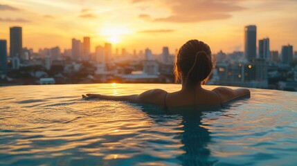 Woman relaxing in infinity pool at sunset, overlooking city skyline.