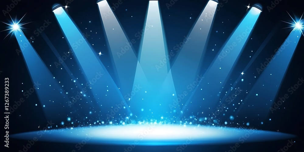 Poster illuminated stage with gleaming spotlights and sparkling dust particles
