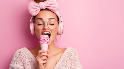 Playful Young Woman Using Pink Ice Cream Cone as Microphone
