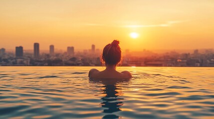 Woman relaxing in rooftop infinity pool at sunset, overlooking city skyline.