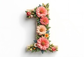 Obraz premium Number 1 made of real natural flowers and leaves. Flower font concept. Unique collection of letters and numbers. Spring, summer and valentines creative idea. 