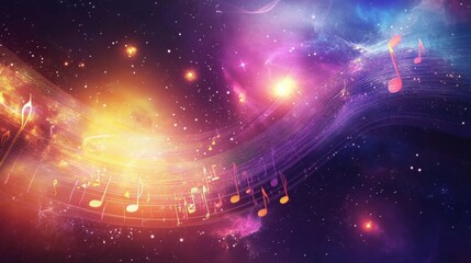 Cosmic symphony of colorful notes flowing through the universe at night. Generative AI