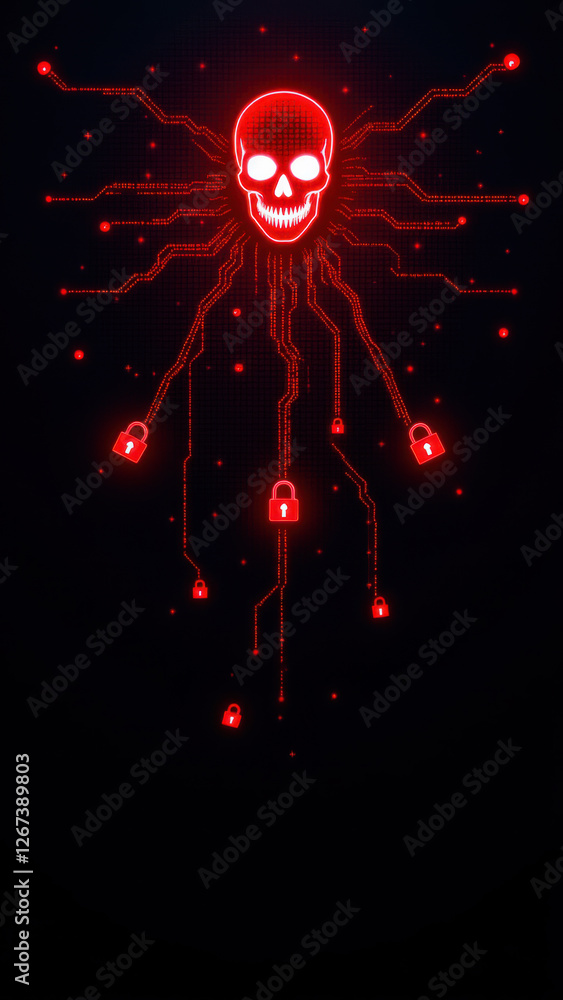 Poster cybersecurity symbol with skull representing danger and red digital elements suggesting data breach 