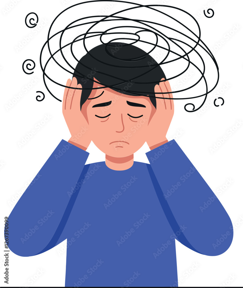 Poster man experiencing dizziness and confusion with swirling lines above head