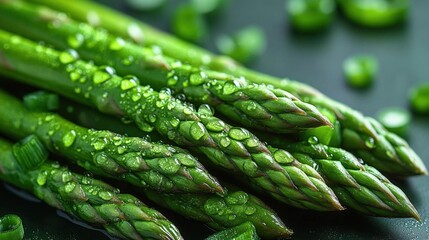 Close up of Fresh Green Asparagus with Water Droplets on Dark Tabletop Still Life