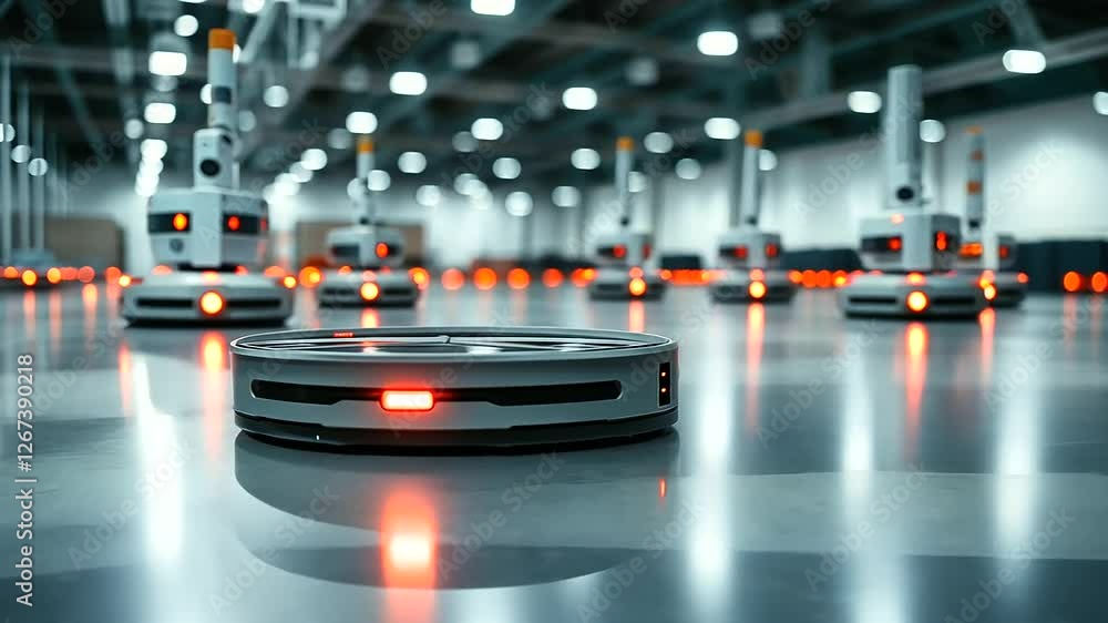 Poster a warehouse with robotic fulfillment systems, where a blurred background of neatly arranged inventor