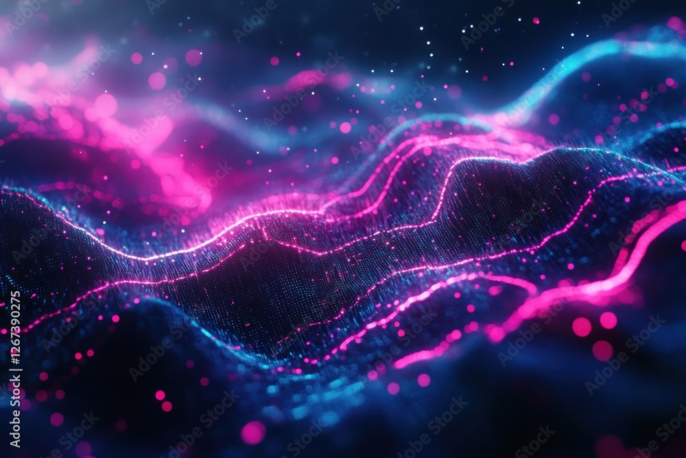 Poster abstract visualization of vibrant waves in pink and blue hues, creating a dynamic digital landscape 