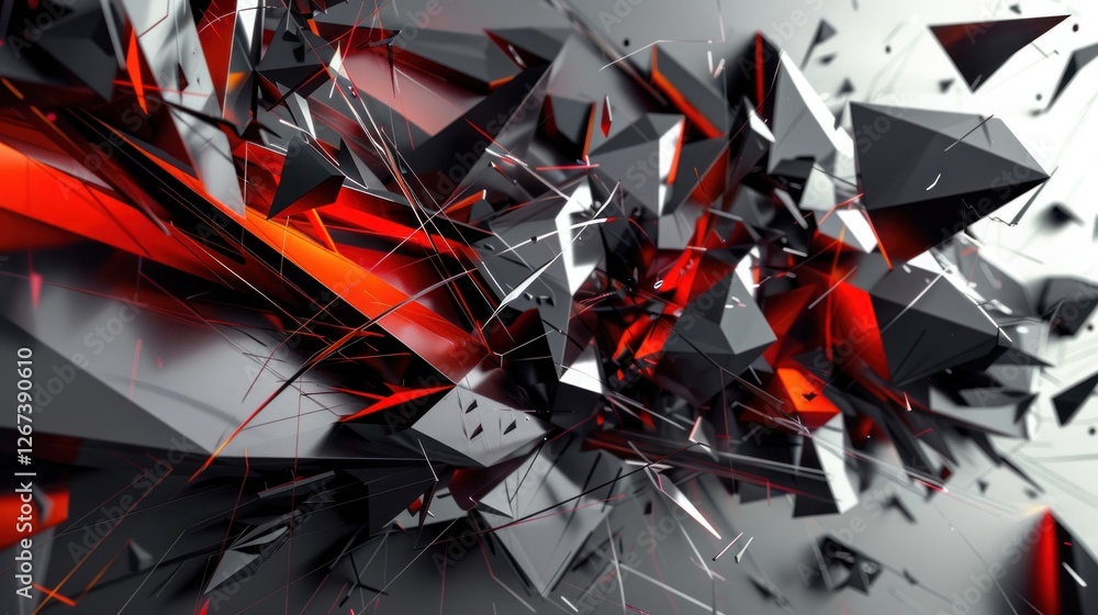 Poster a bold abstract shapes in 3d render, with floating geometric elements,