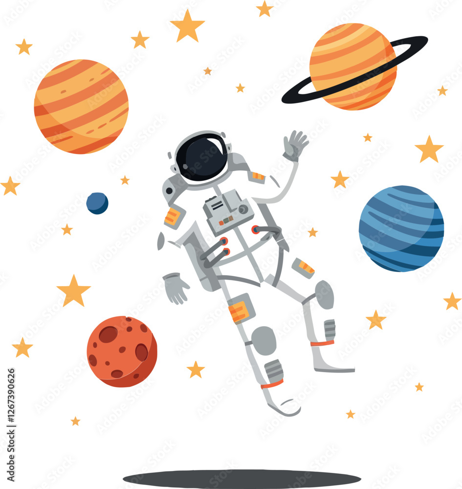 Poster astronaut floating in space surrounded by colorful planets and stars