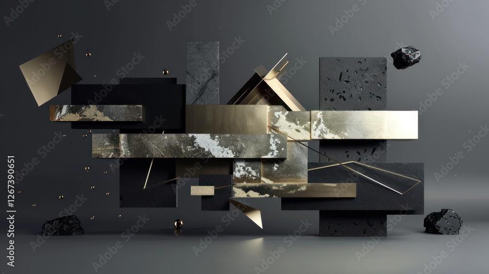 Poster a bold abstract shapes in 3d render, with floating geometric elements,