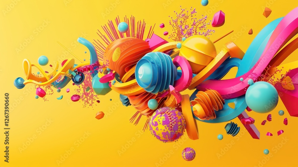 Poster a bold abstract shapes in 3d render, with floating geometric elements,