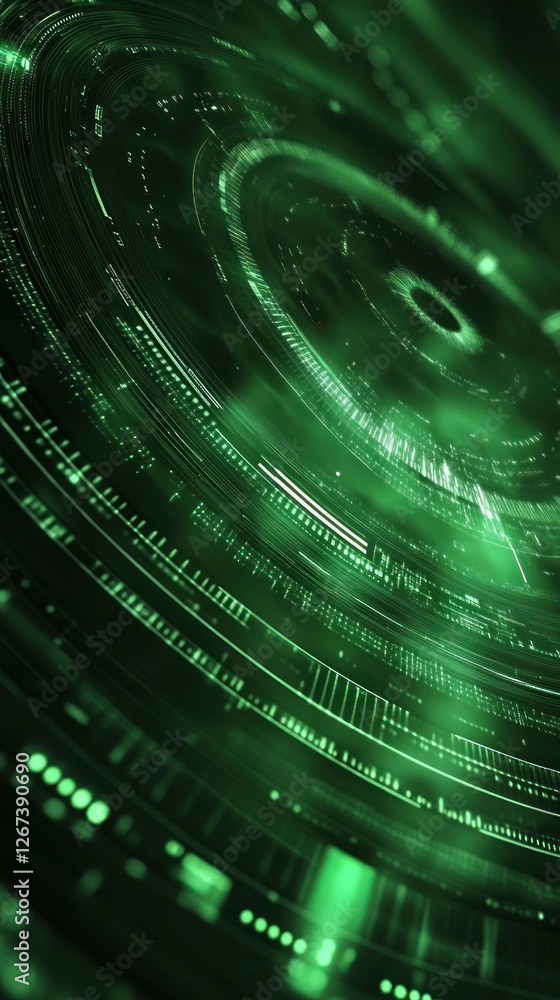 Poster abstract digital background featuring a green circular pattern with glowing lines and data represent
