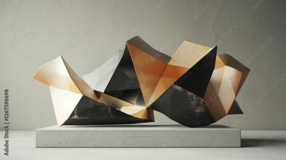 Poster a bold abstract shapes in 3d render, with floating geometric elements,