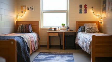 Bedroom with desk and bunk beds. A simple and bright striped shirt with a t-shirt. Dormitory room for students. A sleeping area that includes a desk and bunk lifestyle beds.