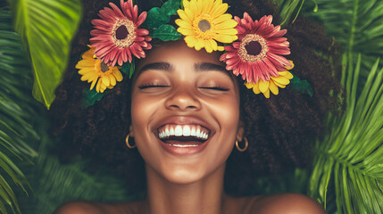 Joyful Black Woman with Floral Crown Enjoying Nature Against Tropical Foliage