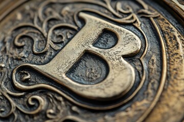 Detailed macro shot of an ornate, aged bronze letter B with intricate swirling patterns and textured surface, showcasing craftsmanship and antique aesthetic appeal.