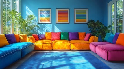 A colorful living room with a blue wall and a blue rug