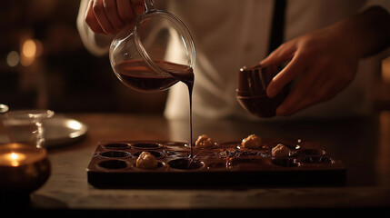 Professional chocolatier pouring rich melted chocolate into molds, glossy reflections, elegant artisan dessert shop setting with soft warm lighting 