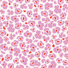 Bright pink colorful leopard fur seamless pattern. Wild exotic animal print design. Abstract simple flowers, flat design. Vector wallpaper.