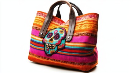 Colorful Embroidered Tote Bag with Sugar Skull Design