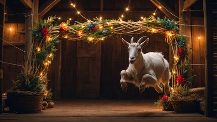 A goat leaps joyfully in a decorated barn, illuminated by festive lights.