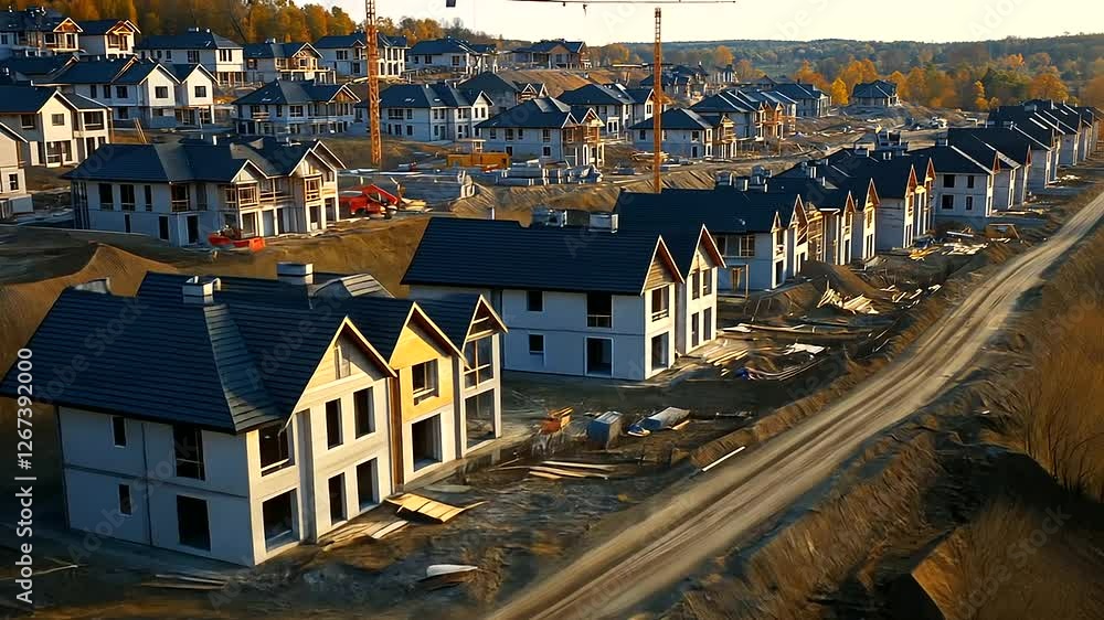 Poster a high-resolution aerial view of a large-scale housing project under construction, featuring rows of