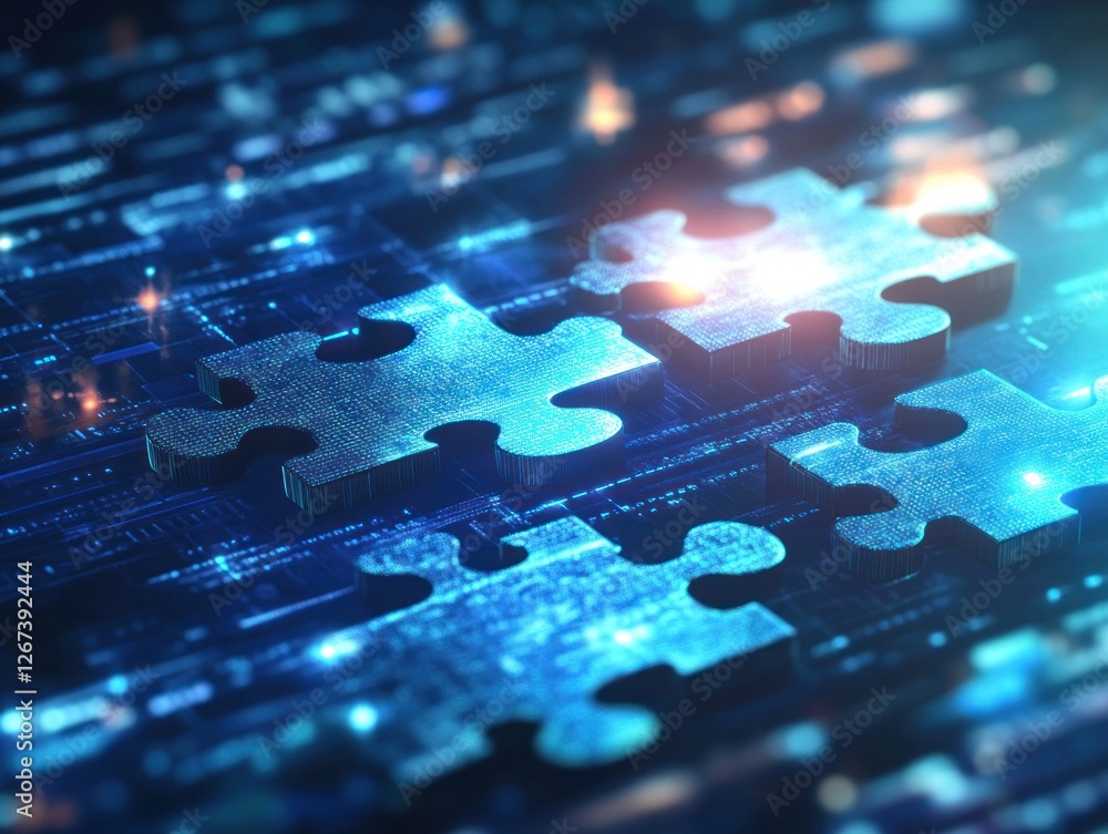 Poster close-up view of interlocking puzzle pieces on a digital background, symbolizing problem-solving and