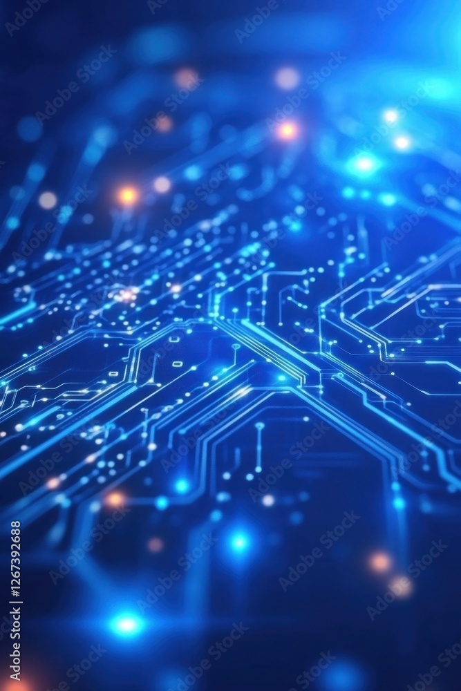 Poster abstract digital circuit board design with glowing blue lights and intricate patterns, representing 