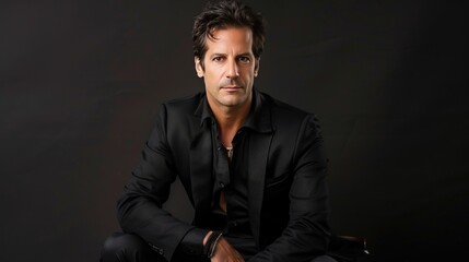 Fototapeta premium A bold man posing in black suit, highlighting confidence and charisma,