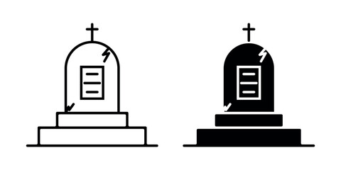 Black and white tombstone icon with a cross and cracks, in outline and filled styles.