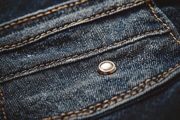 Detailed close-up of blue denim fabric with stitched pocket and silver metal button, showcasing texture and design with a vintage feel and classic fashion appeal.