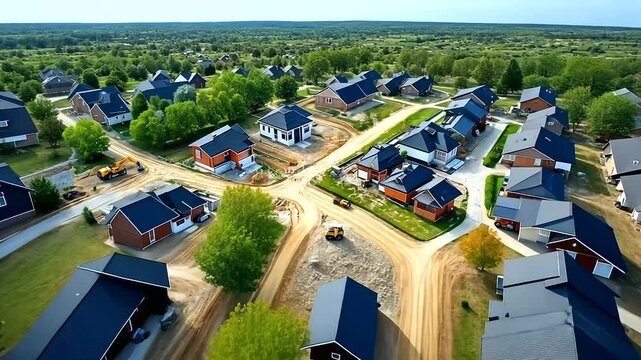 A detailed aerial view of a housing project with rows of houses under construction, surrounded by greenery and construction vehicles.
