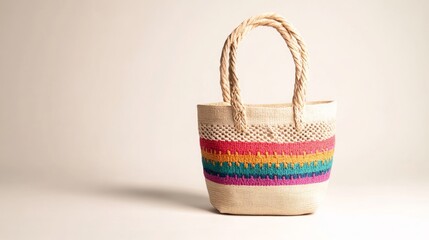 Woven Straw Handbag with Colorful Stripes in Studio Shot on Neutral Background