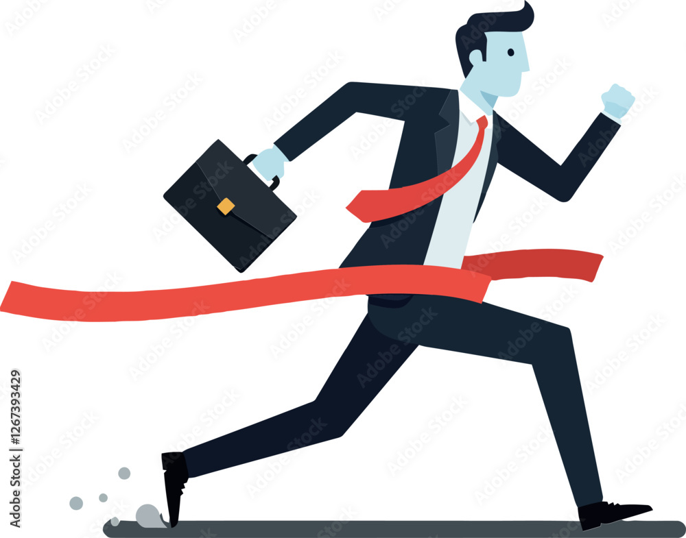 Poster businessman running quickly with briefcase and red ribbon trailing behind