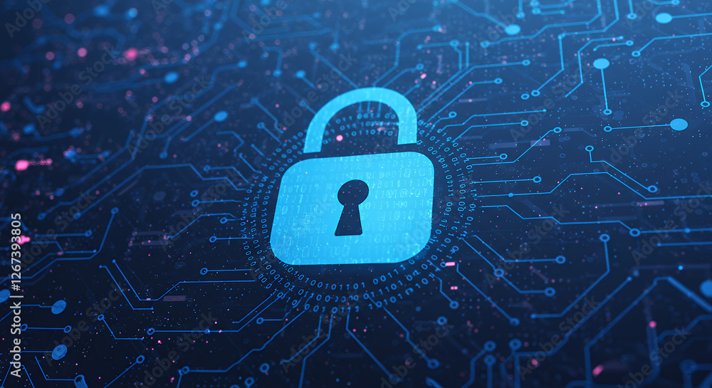 Poster digital security: lock icon, binary code, & cyber protection for online privacy, data safety & netwo
